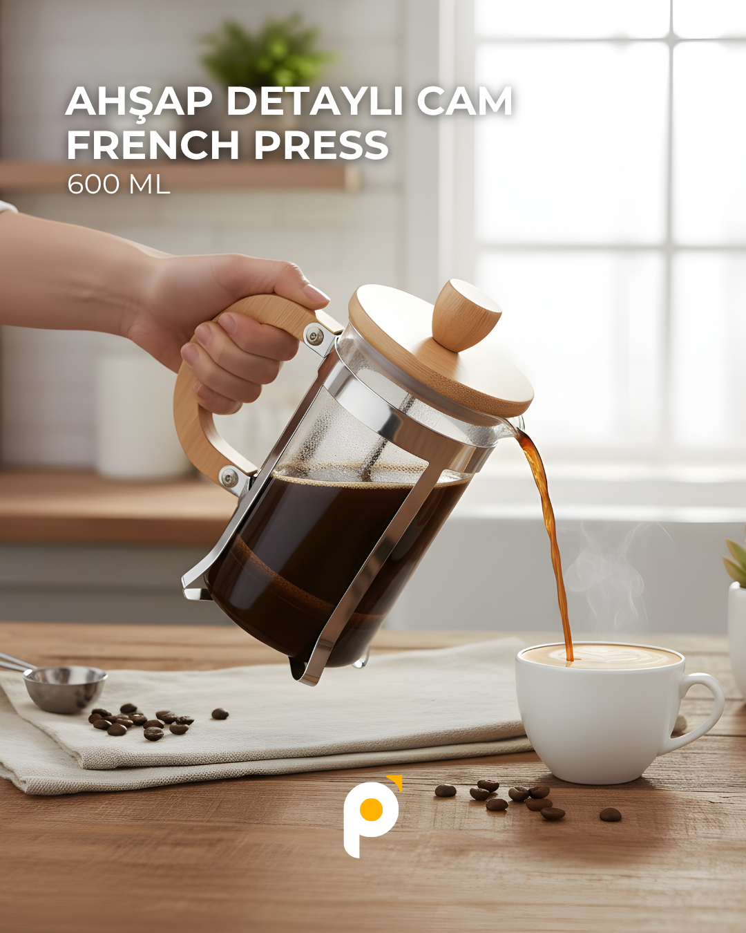 Ahşap Detaylı 600 ml Cam French Press