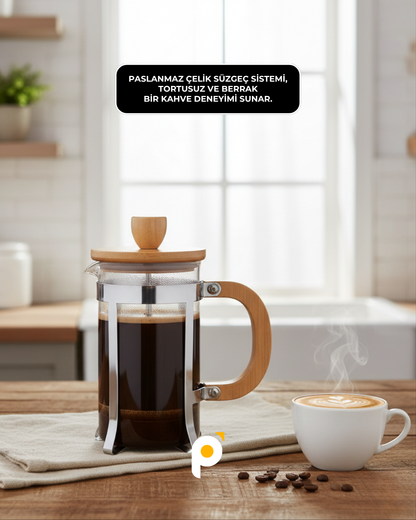 Ahşap Detaylı 600 ml Cam French Press